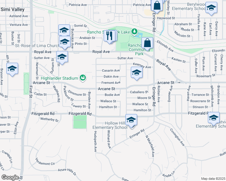 map of restaurants, bars, coffee shops, grocery stores, and more near 1620 Arcane Street in Simi Valley