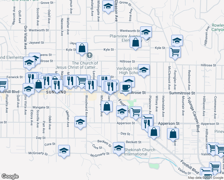 map of restaurants, bars, coffee shops, grocery stores, and more near 7819 Foothill Boulevard in Los Angeles