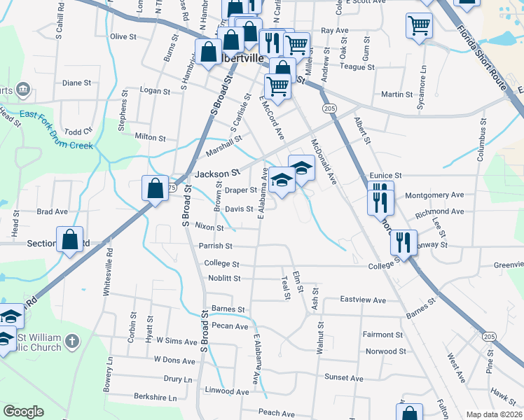 map of restaurants, bars, coffee shops, grocery stores, and more near 600 East Alabama Avenue in Albertville