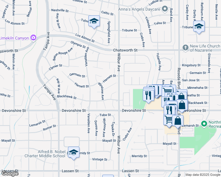 map of restaurants, bars, coffee shops, grocery stores, and more near 18950 San Jose Street in Los Angeles