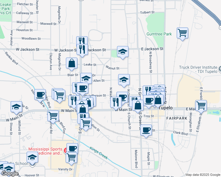 map of restaurants, bars, coffee shops, grocery stores, and more near 323 North Madison Street in Tupelo