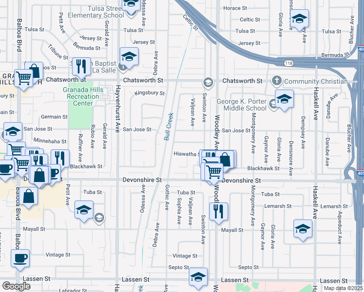 map of restaurants, bars, coffee shops, grocery stores, and more near 16318 Minnehaha Street in Los Angeles