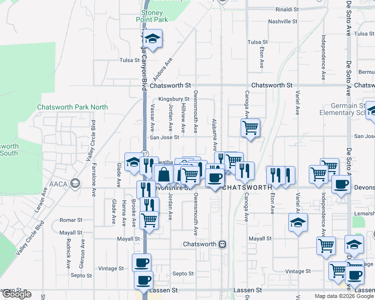 map of restaurants, bars, coffee shops, grocery stores, and more near 10434 Hillview Avenue in Los Angeles