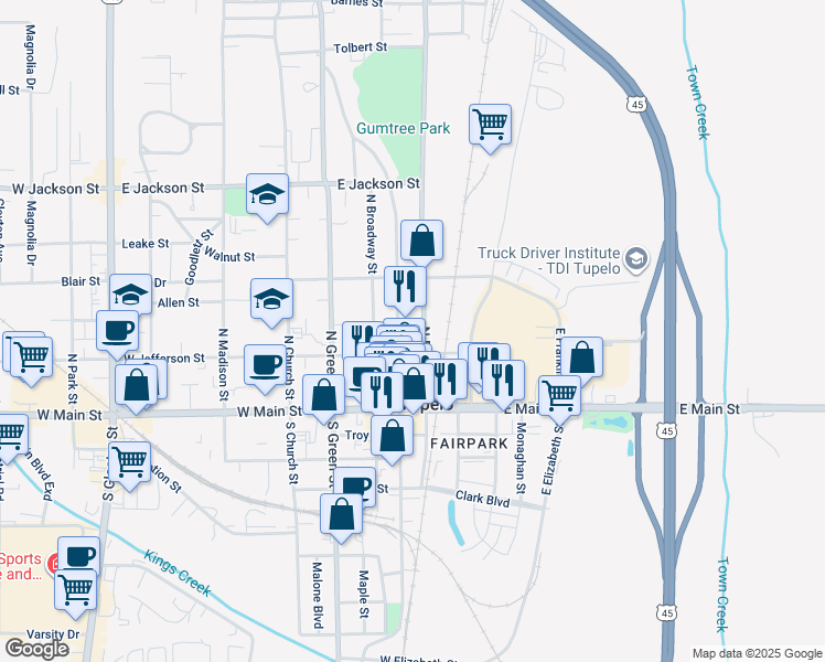 map of restaurants, bars, coffee shops, grocery stores, and more near Sherwood Avenue in Tupelo