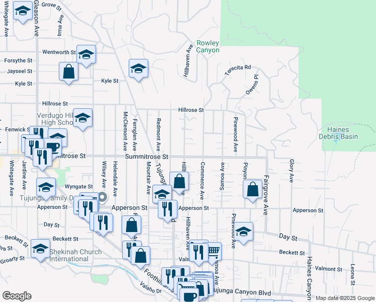 map of restaurants, bars, coffee shops, grocery stores, and more near 10514 Hillhaven Avenue in Los Angeles