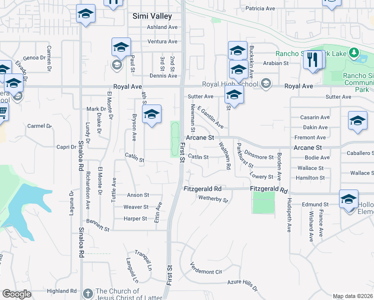 map of restaurants, bars, coffee shops, grocery stores, and more near 1101 Catlin Street in Simi Valley