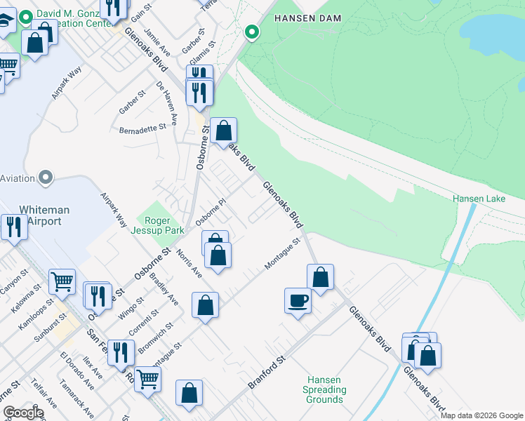 map of restaurants, bars, coffee shops, grocery stores, and more near 10471 Glenoaks Boulevard in Los Angeles