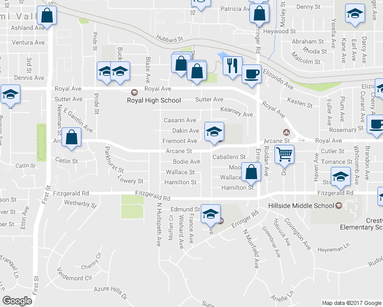 map of restaurants, bars, coffee shops, grocery stores, and more near 1634 Arcane Street in Simi Valley