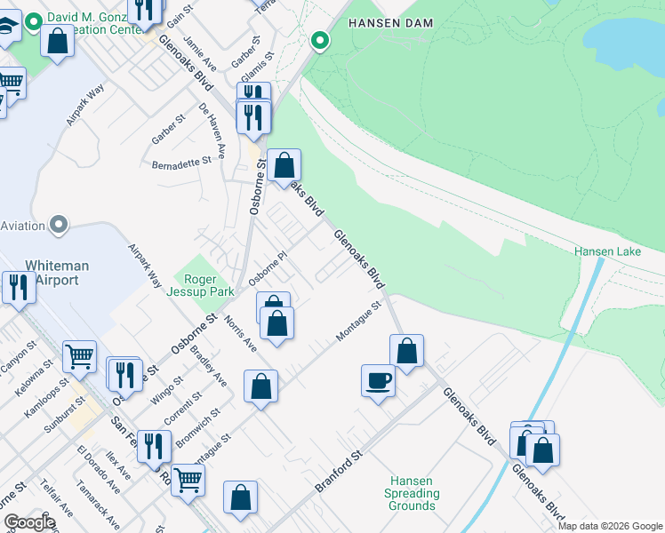 map of restaurants, bars, coffee shops, grocery stores, and more near 10471 Glenoaks Boulevard in Los Angeles