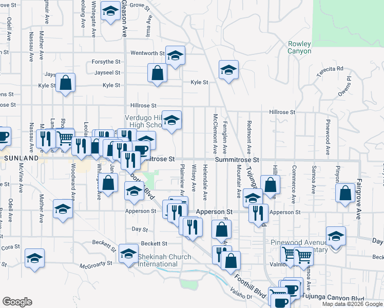 map of restaurants, bars, coffee shops, grocery stores, and more near 10509 Wilsey Avenue in Los Angeles