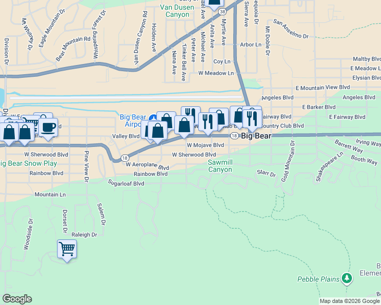 map of restaurants, bars, coffee shops, grocery stores, and more near 341 West Sherwood Boulevard in Big Bear