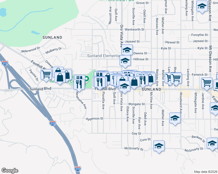 map of restaurants, bars, coffee shops, grocery stores, and more near 8435 Foothill Boulevard in Los Angeles