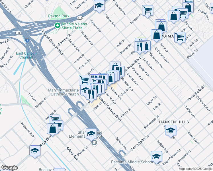 map of restaurants, bars, coffee shops, grocery stores, and more near 13667 Van Nuys Boulevard in Los Angeles