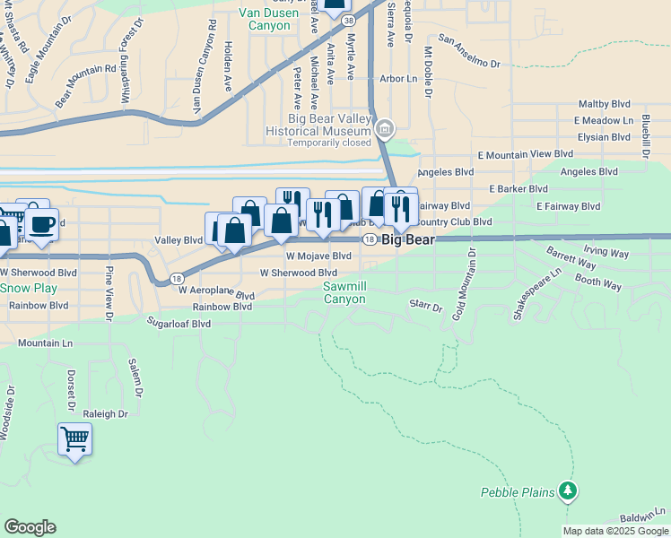 map of restaurants, bars, coffee shops, grocery stores, and more near 225 West Sherwood Boulevard in Big Bear