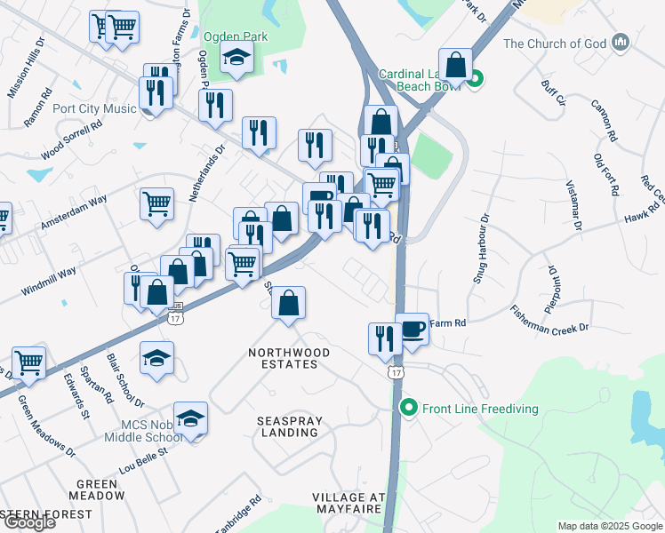 map of restaurants, bars, coffee shops, grocery stores, and more near 294 Military Cutoff Road in Wilmington