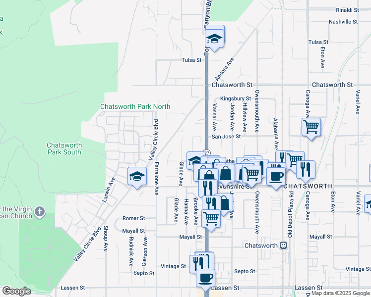 map of restaurants, bars, coffee shops, grocery stores, and more near 10430 Glade Avenue in Los Angeles