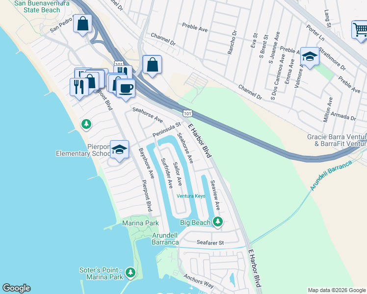 map of restaurants, bars, coffee shops, grocery stores, and more near 2711 Seahorse Avenue in Ventura