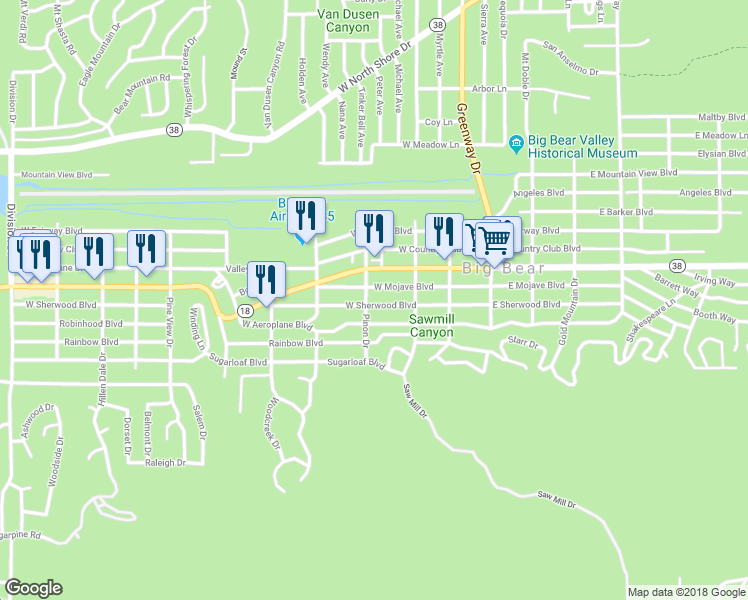 map of restaurants, bars, coffee shops, grocery stores, and more near 341 West Sherwood Boulevard in Big Bear