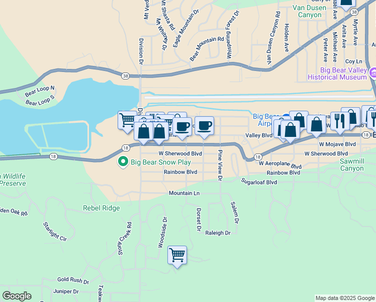 map of restaurants, bars, coffee shops, grocery stores, and more near 929 West Sherwood Boulevard in Big Bear
