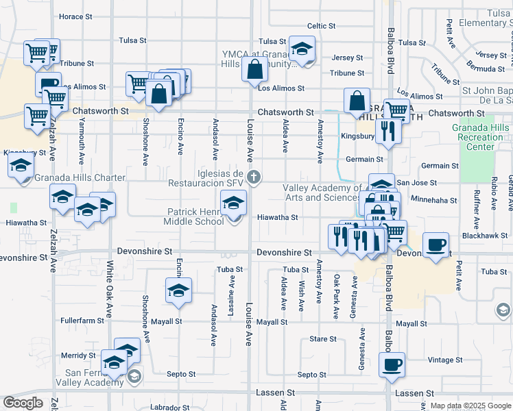 map of restaurants, bars, coffee shops, grocery stores, and more near 10420 Louise Avenue in Los Angeles