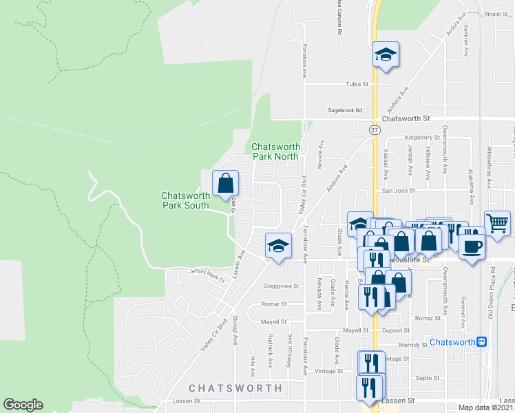 map of restaurants, bars, coffee shops, grocery stores, and more near 10443 Larwin Avenue in Los Angeles