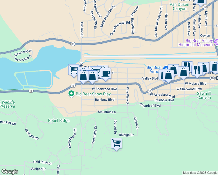 map of restaurants, bars, coffee shops, grocery stores, and more near 929 West Sherwood Boulevard in Big Bear