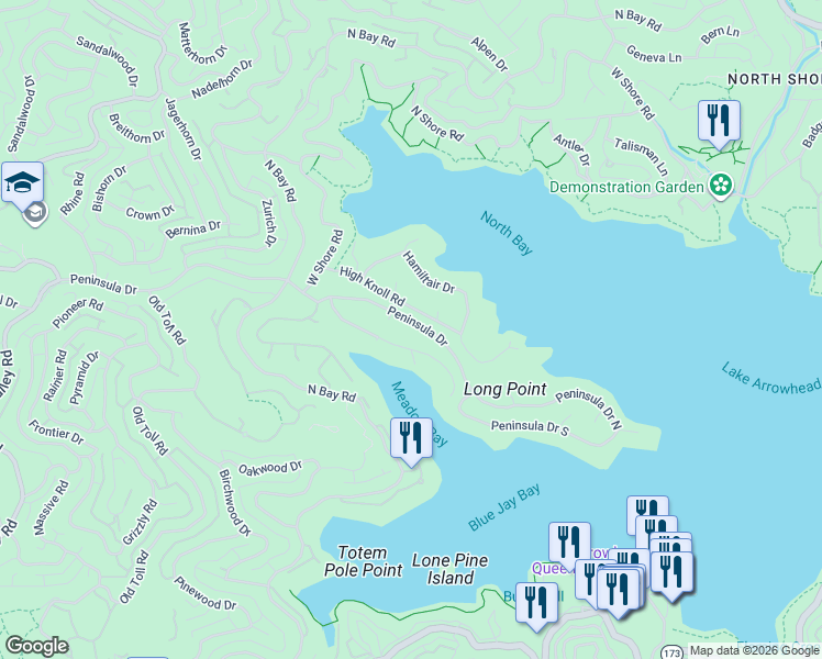 map of restaurants, bars, coffee shops, grocery stores, and more near in Lake Arrowhead