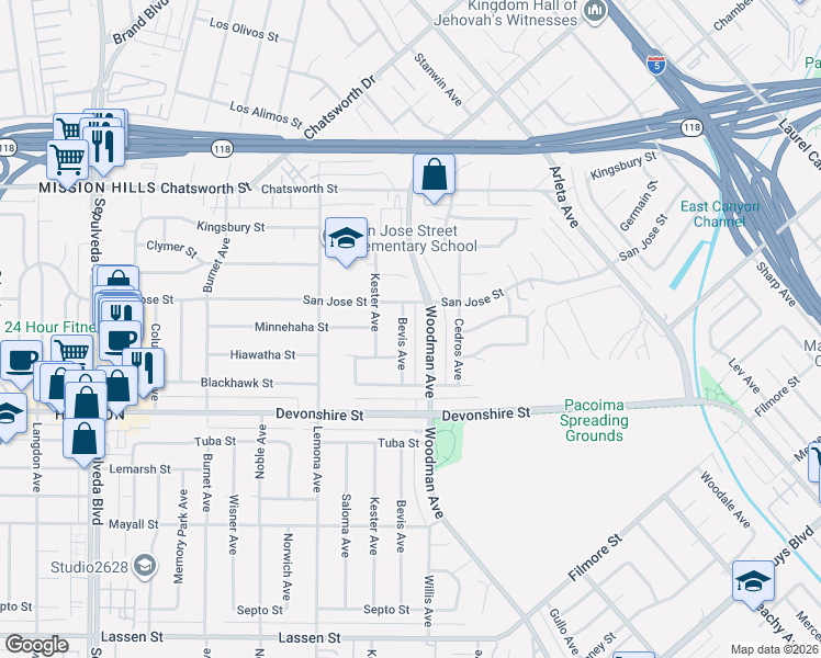 map of restaurants, bars, coffee shops, grocery stores, and more near 10432 Bevis Avenue in Los Angeles