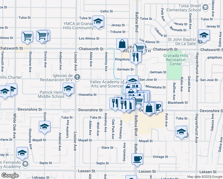 map of restaurants, bars, coffee shops, grocery stores, and more near 17112 Minnehaha Street in Los Angeles