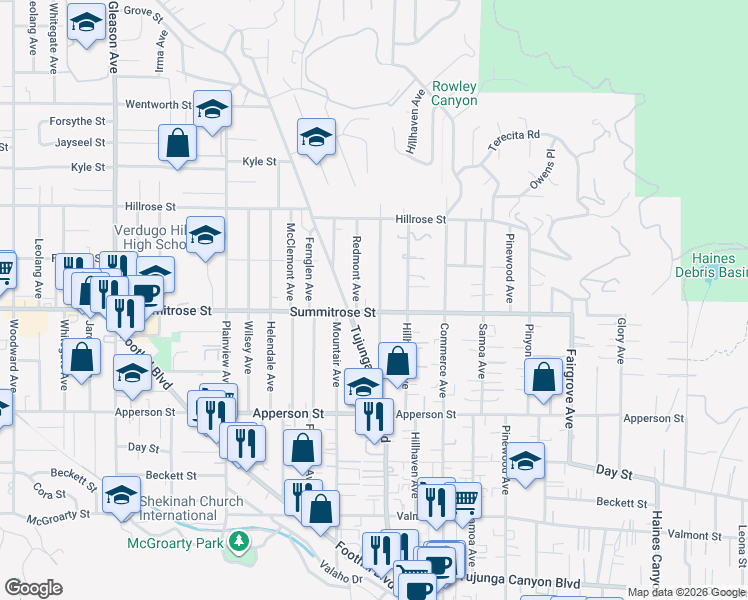 map of restaurants, bars, coffee shops, grocery stores, and more near 10513 Las Lunitas Avenue in Los Angeles