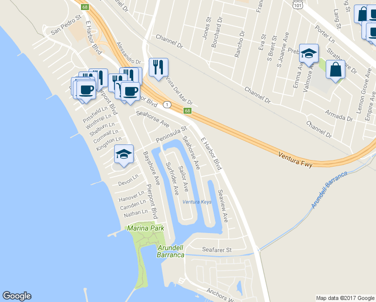 map of restaurants, bars, coffee shops, grocery stores, and more near 2717 Seahorse Avenue in Ventura