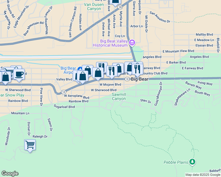 map of restaurants, bars, coffee shops, grocery stores, and more near 309 West Sherwood Boulevard in Big Bear