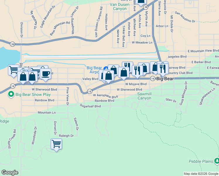map of restaurants, bars, coffee shops, grocery stores, and more near 501 West Sherwood Boulevard in Big Bear