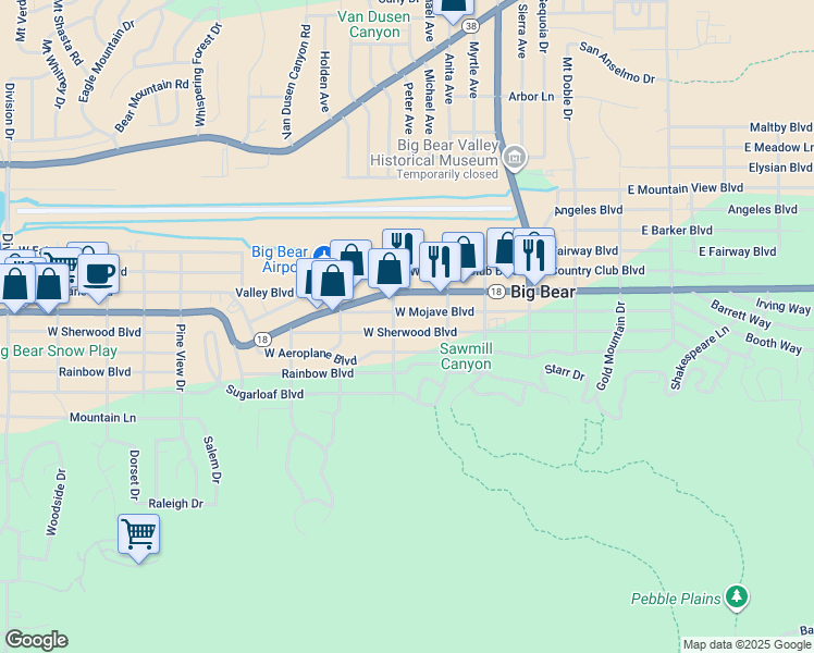 map of restaurants, bars, coffee shops, grocery stores, and more near 337 West Sherwood Boulevard in Big Bear
