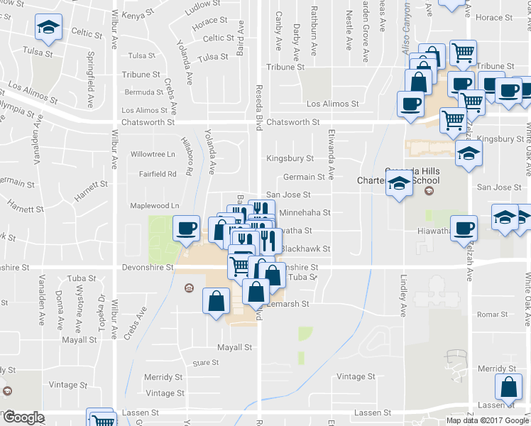map of restaurants, bars, coffee shops, grocery stores, and more near 10424 Reseda Boulevard in Los Angeles