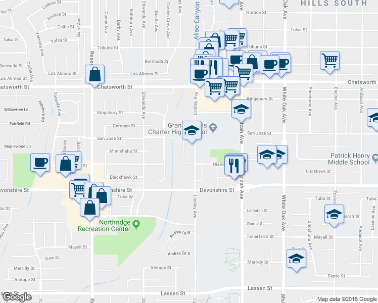 map of restaurants, bars, coffee shops, grocery stores, and more near 10450 Lindley Avenue in Los Angeles