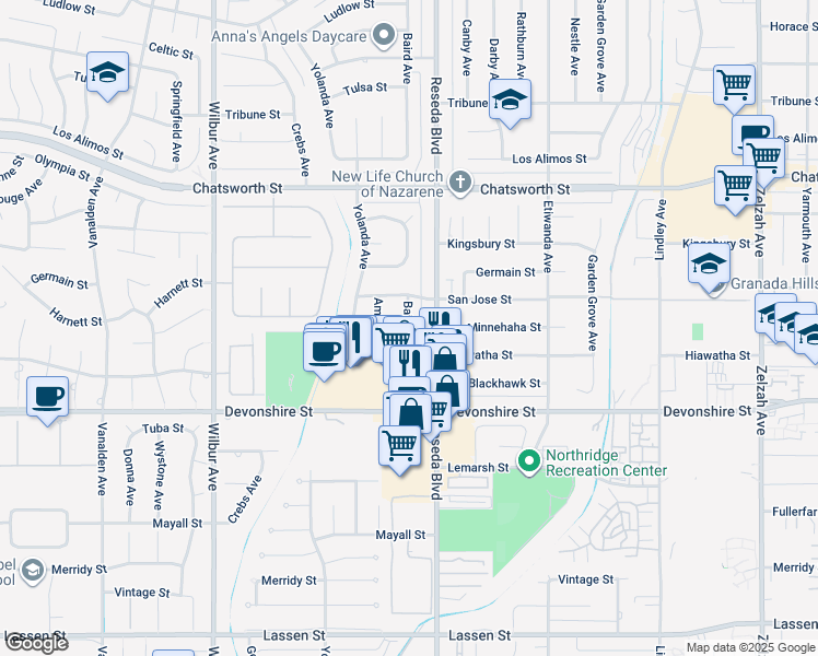 map of restaurants, bars, coffee shops, grocery stores, and more near 10433 Baird Avenue in Los Angeles