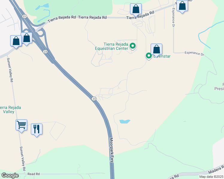 map of restaurants, bars, coffee shops, grocery stores, and more near 15633 LaPeyre Road in Moorpark