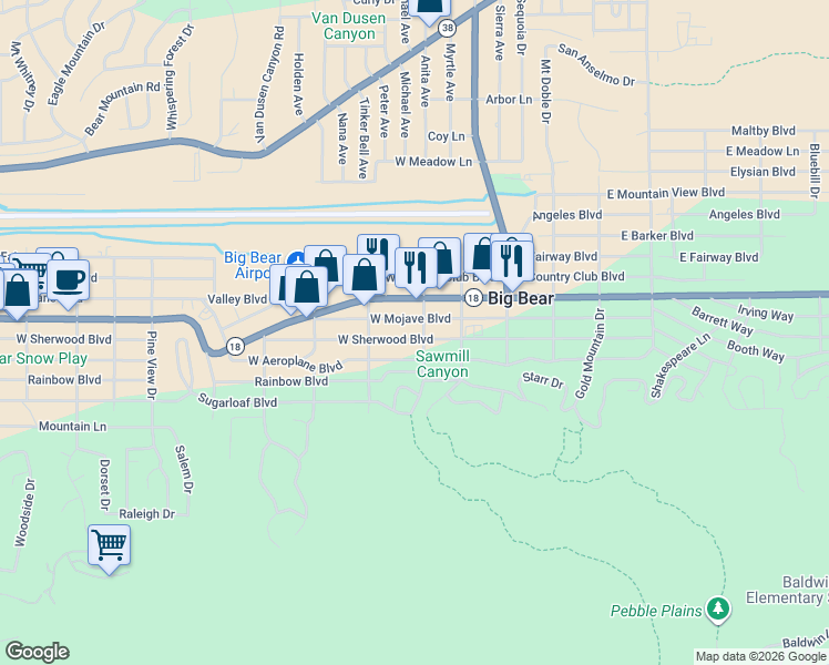 map of restaurants, bars, coffee shops, grocery stores, and more near 225 West Sherwood Boulevard in Big Bear