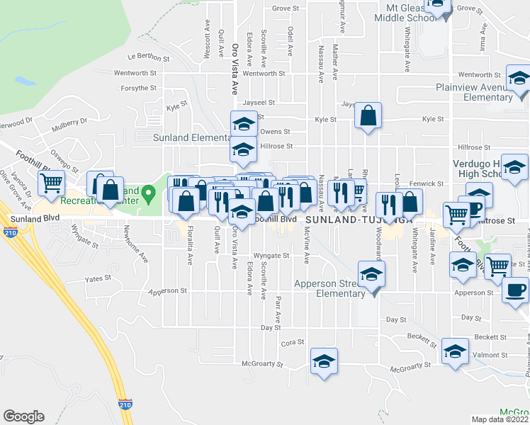 map of restaurants, bars, coffee shops, grocery stores, and more near 8315 Foothill Boulevard in Los Angeles