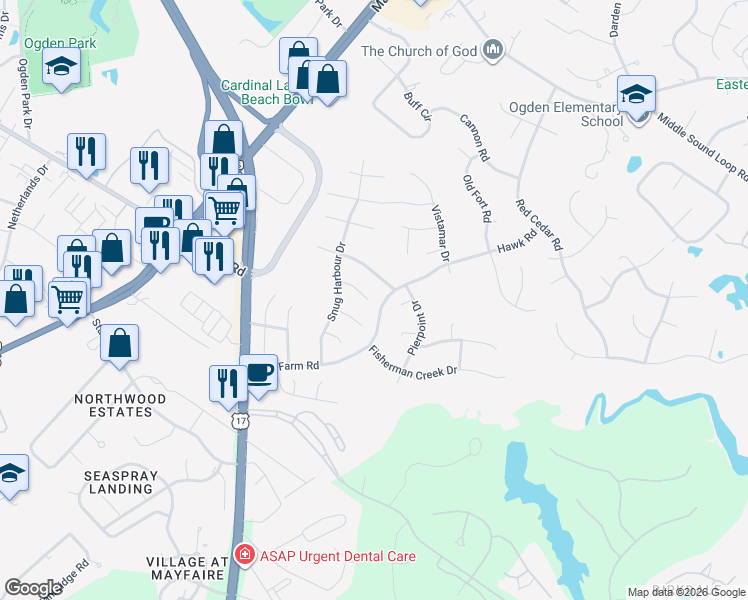 map of restaurants, bars, coffee shops, grocery stores, and more near 7112 Fiddler Circle in Wilmington