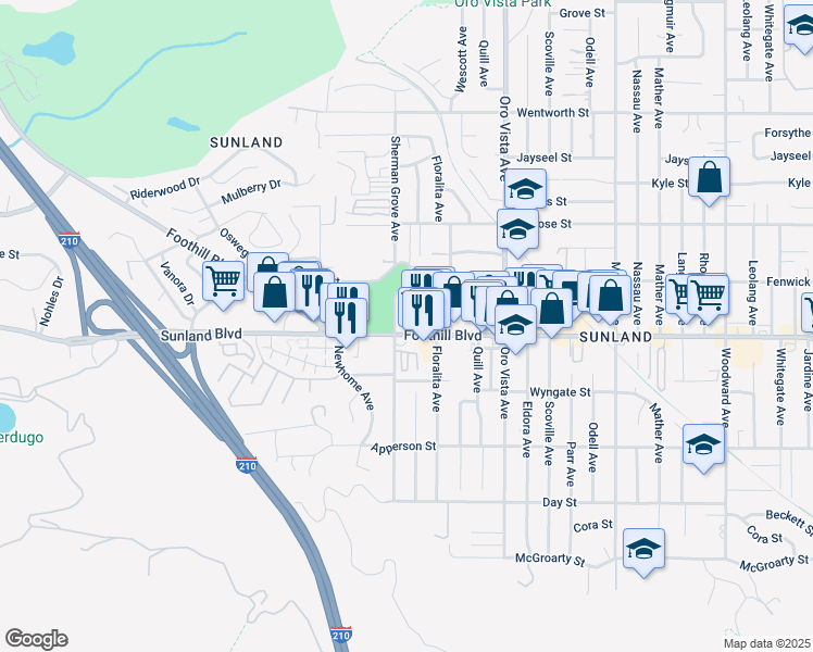 map of restaurants, bars, coffee shops, grocery stores, and more near 10523 Floralita Lane in Los Angeles