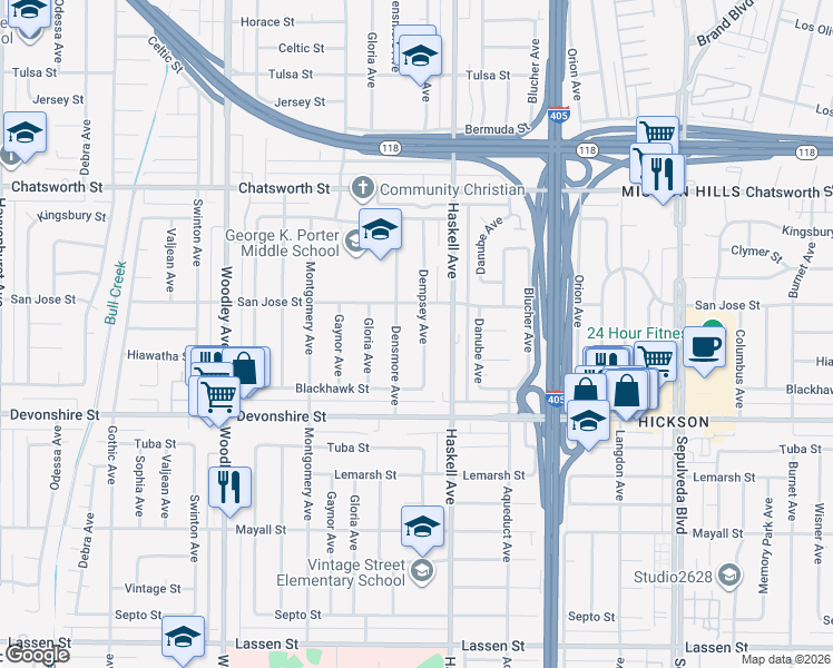 map of restaurants, bars, coffee shops, grocery stores, and more near 10425 Dempsey Avenue in Los Angeles