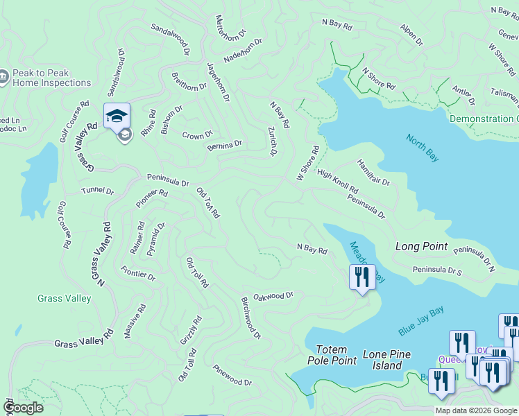 map of restaurants, bars, coffee shops, grocery stores, and more near 27442 Meadow Bay Drive in Lake Arrowhead