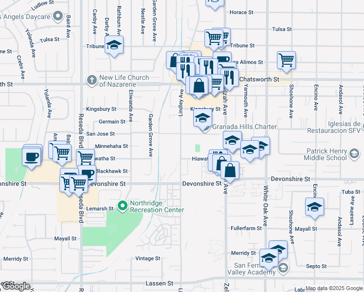 map of restaurants, bars, coffee shops, grocery stores, and more near 10450 Lindley Avenue in Los Angeles