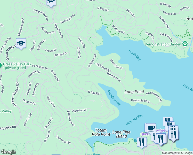 map of restaurants, bars, coffee shops, grocery stores, and more near 27571 Meadow Cove Court in Lake Arrowhead