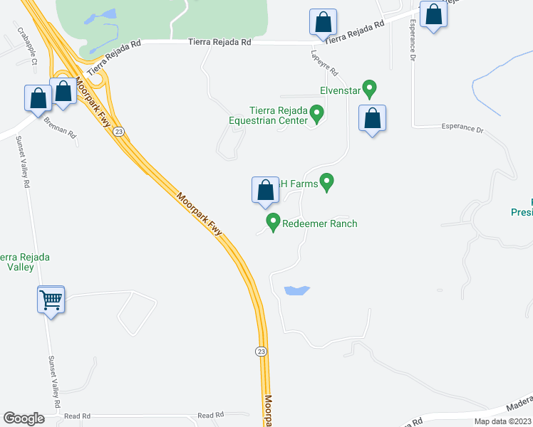 map of restaurants, bars, coffee shops, grocery stores, and more near 15633 LaPeyre Road in Moorpark