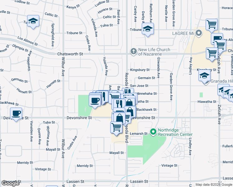 map of restaurants, bars, coffee shops, grocery stores, and more near 10433 Baird Avenue in Los Angeles