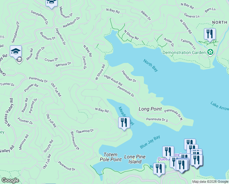 map of restaurants, bars, coffee shops, grocery stores, and more near in Lake Arrowhead