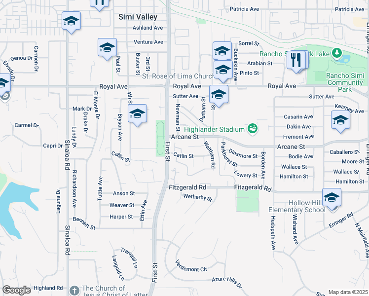 map of restaurants, bars, coffee shops, grocery stores, and more near 1130 Hudson Court in Simi Valley